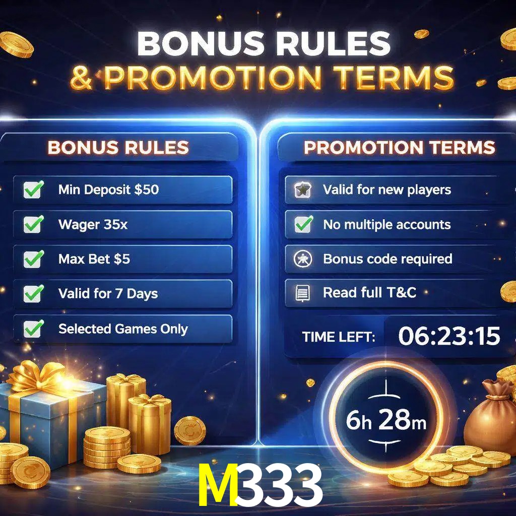 Reglas de promoción M333 y condiciones de bonos explicadas visualmente
